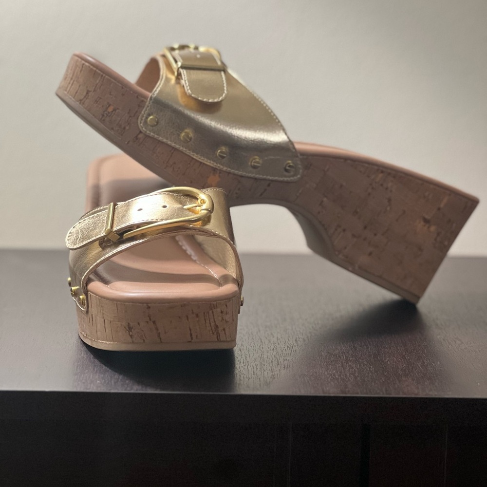 Gold Platform Sandals with Cork Wedge
